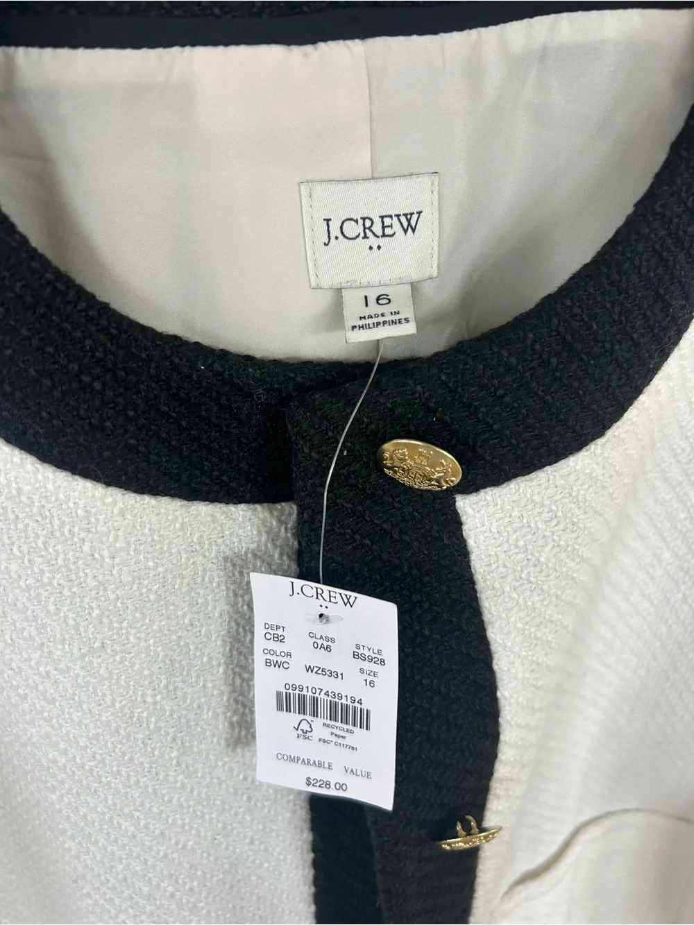 J. Crew White Tweed Jacket with Black Trim and Gold Buttons